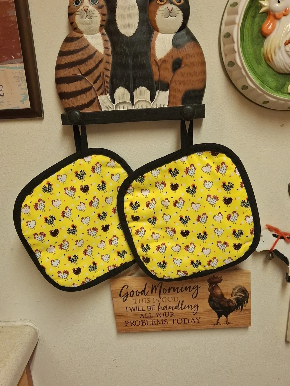 Yellow Chicken Print Pot Holders - Set of 2